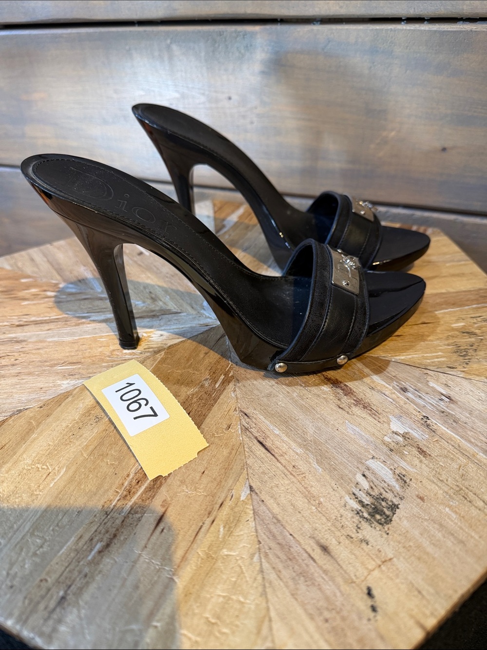 Dior Black Patent Slide Mules with Gold Logo Plaque - Picture 2 of 7